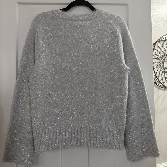 NWT Karl Lagerfeld Silver Fuzzy Gray C'est La Vie Sweater Crewneck Metallic Sz M - Picture 2 of 5
